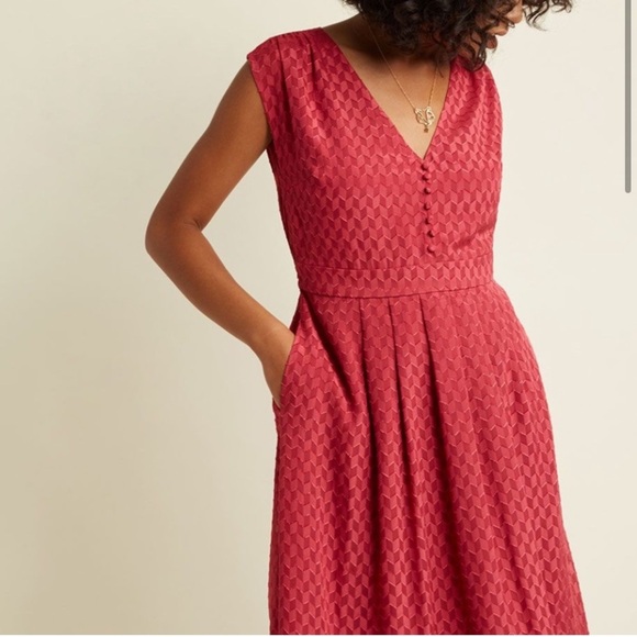 MODCLOTH Button Front Retro Chevron A-Line Dress small NEW sash belt - Picture 4 of 5